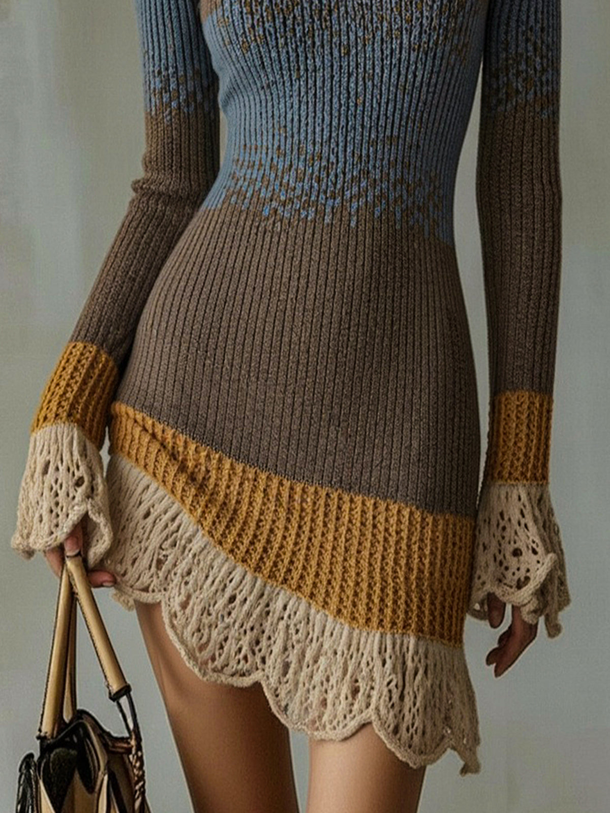 CELESTINA | Abito MINI DE PUNTO MULTICOLOR CON RIBETE DE VOLANTES DE ENCAJE