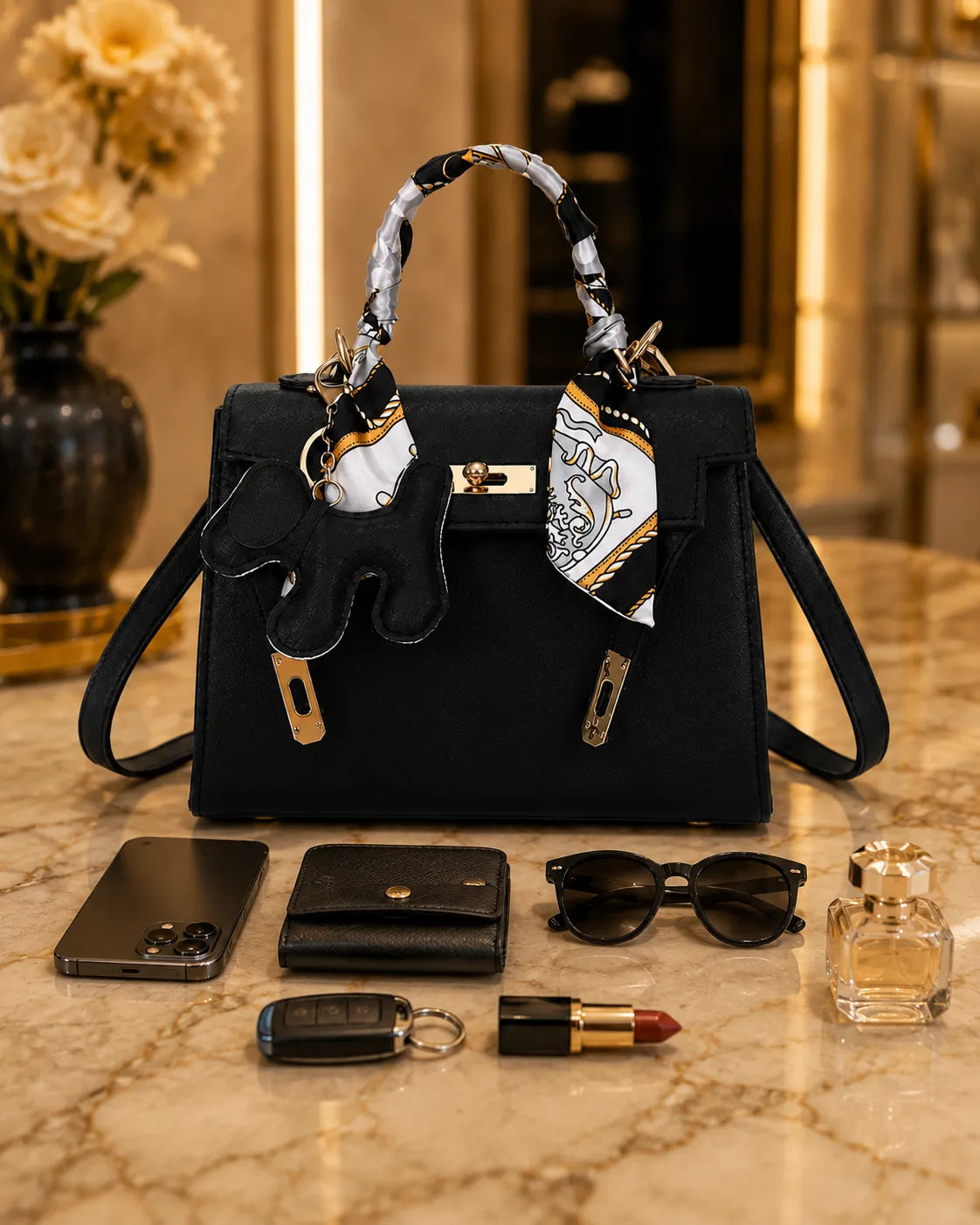 Margot | Borsa a Mano Strutturata con Foulard e Ciondolo