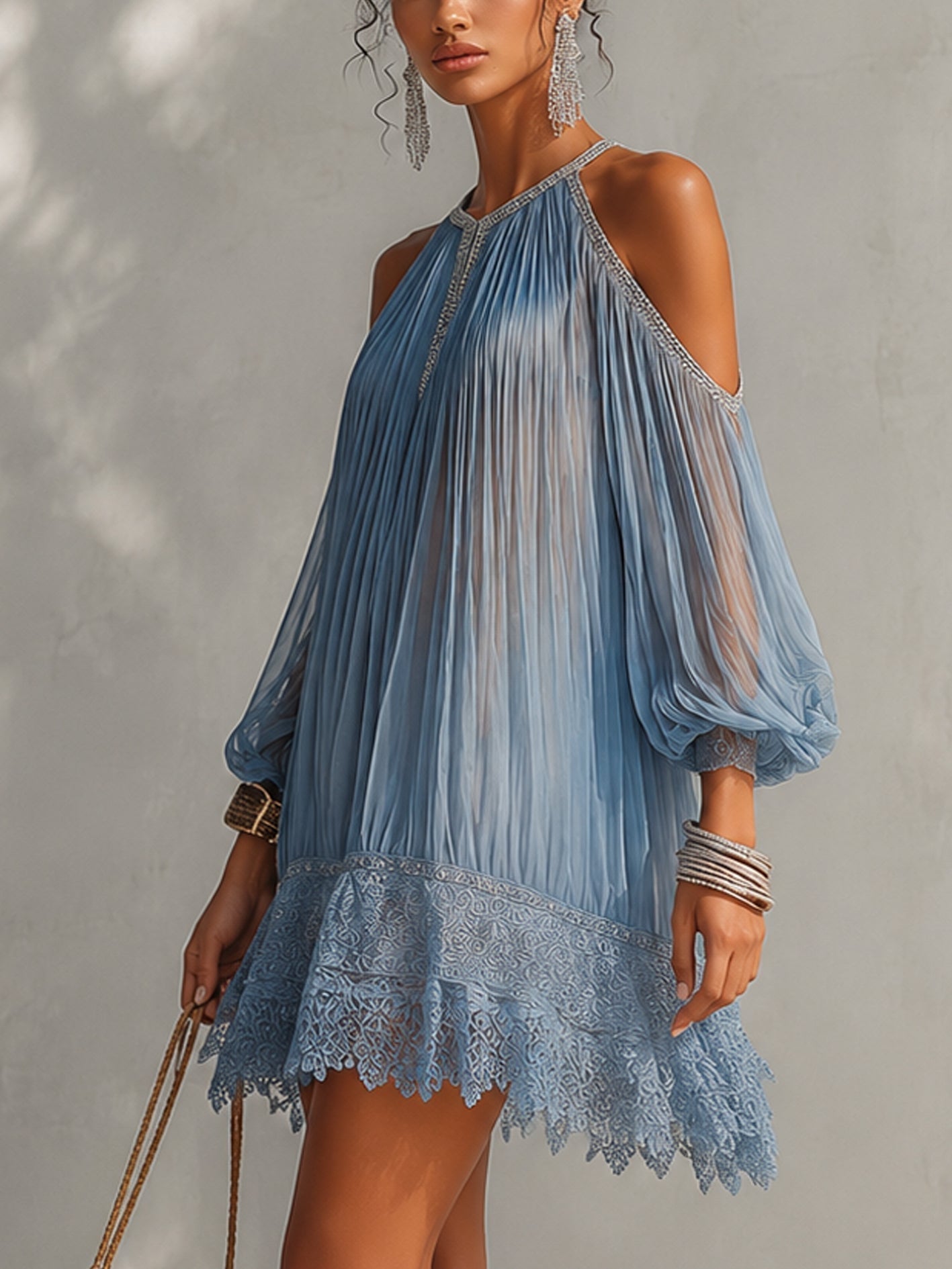 SERAFINA | Abito MINI Blu DE HOMBROS DESCUBIERTOS, FRUNCIDO Y BAJO DE ENCAJE