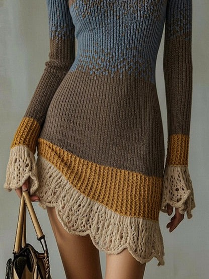 CELESTINA | Abito MINI DE PUNTO MULTICOLOR CON RIBETE DE VOLANTES DE ENCAJE