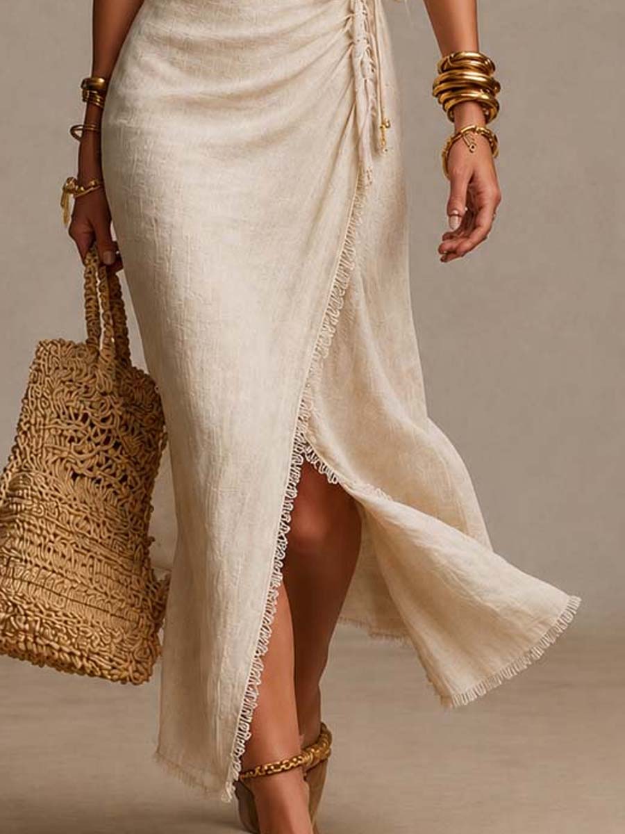 TESSA | ABITO MIDI IN LINO NATURALE CON DESIGN INCROCIATO, VOLANT E ORLO IN PIZZO
