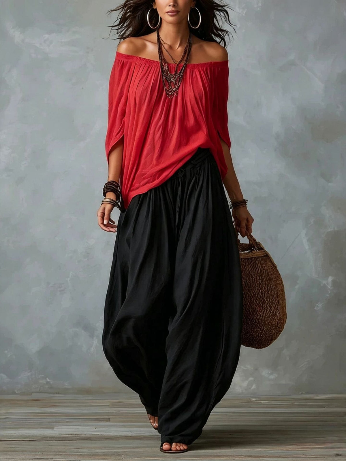 Marta | Completo de Top Blanco Off-the-shoulder y Pantaloni Lantern Holgados