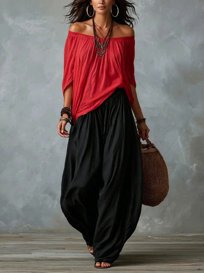 Marta | Completo de Top Blanco Off-the-shoulder y Pantaloni Lantern Holgados