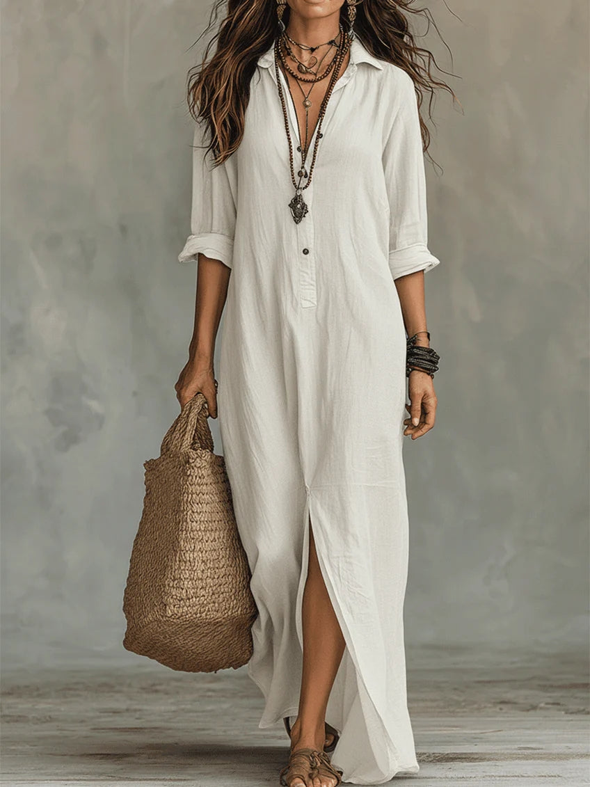 Soline™ | Abito Maxi Negro Suelto con Botones
