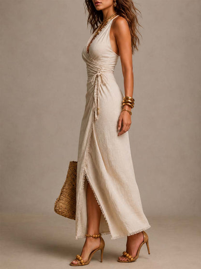 TESSA | ABITO MIDI IN LINO NATURALE CON DESIGN INCROCIATO, VOLANT E ORLO IN PIZZO