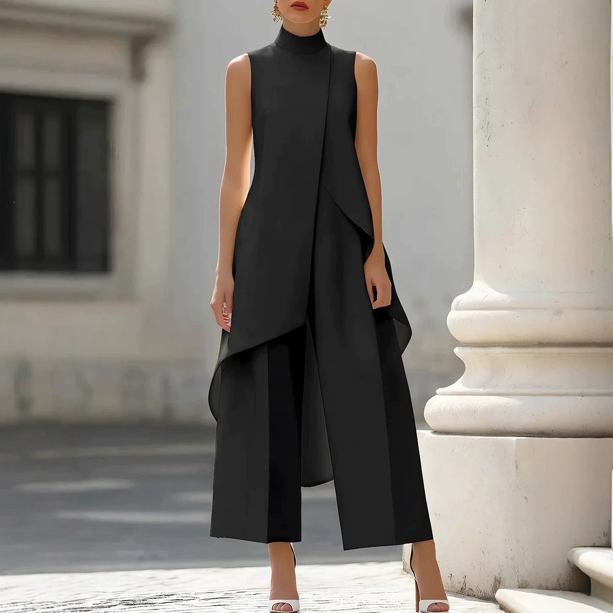 Completo con gilet lungo asimmetrico e pantaloni ampi | Alessia Velluti