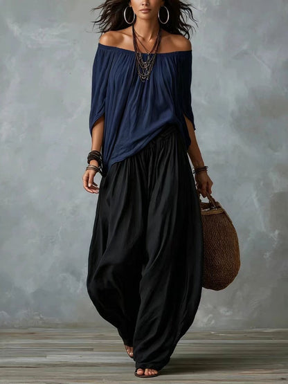 Marta | Completo de Top Blanco Off-the-shoulder y Pantaloni Lantern Holgados