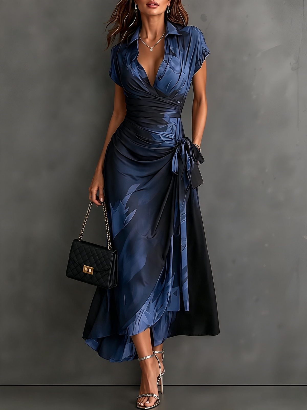 Malasia | Abito Midi Envoltura Abstracto Azul y Negro con Collo Camisero, Scollatura en V