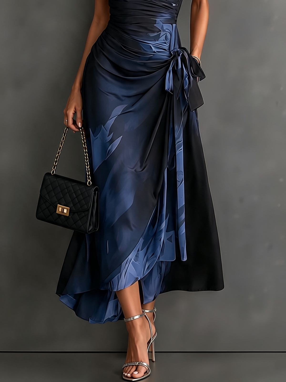 Malasia | Abito Midi Envoltura Abstracto Azul y Negro con Collo Camisero, Scollatura en V