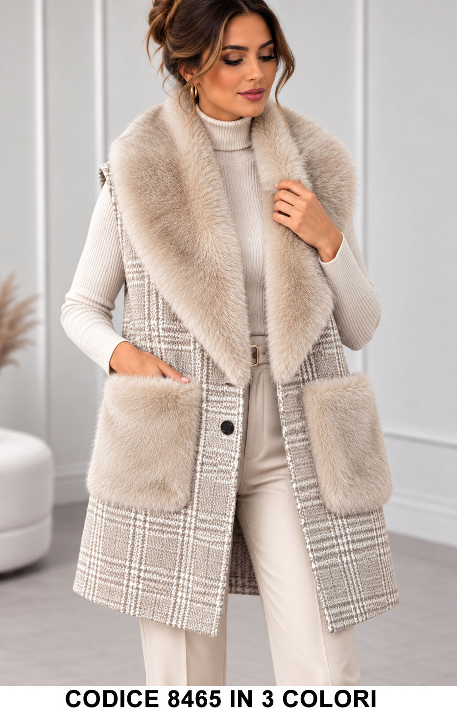 Gilet lungo a quadri con collo e tasche effetto pelliccia - Alessia Velluti