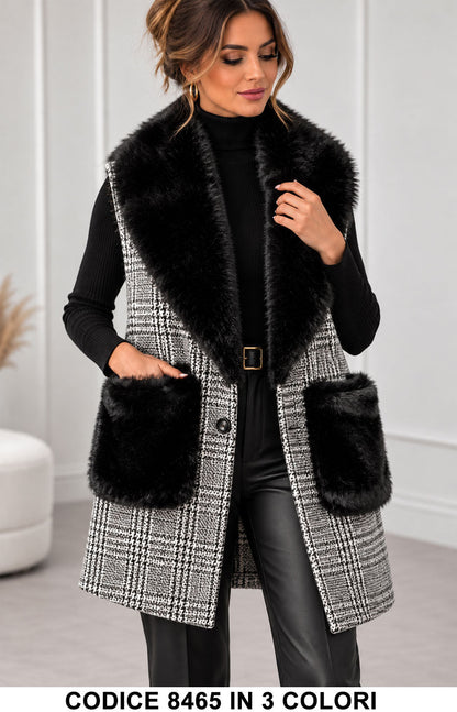 Gilet lungo a quadri con collo e tasche effetto pelliccia - Alessia Velluti