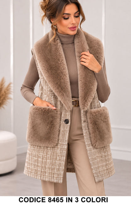 Gilet lungo a quadri con collo e tasche effetto pelliccia - Alessia Velluti