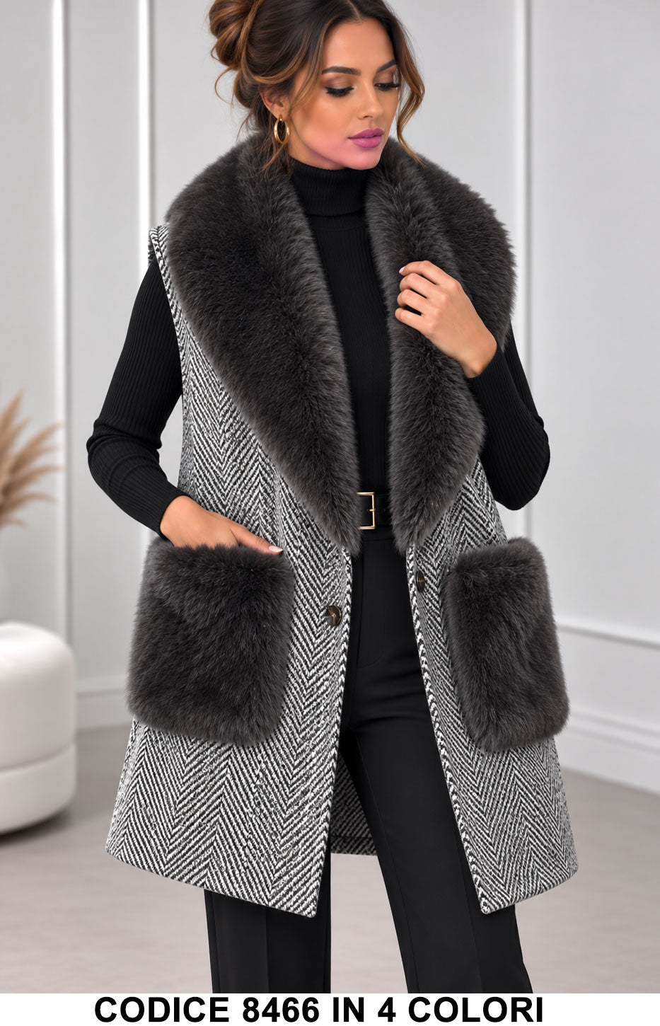 Gilet lungo spigato con collo e tasche effetto pelliccia - Alessia Velluti