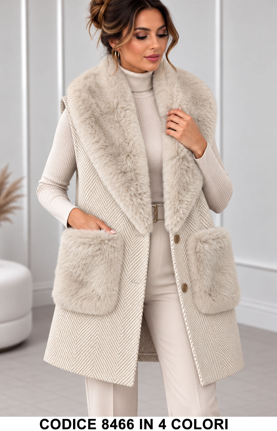 Gilet lungo spigato con collo e tasche effetto pelliccia - Alessia Velluti