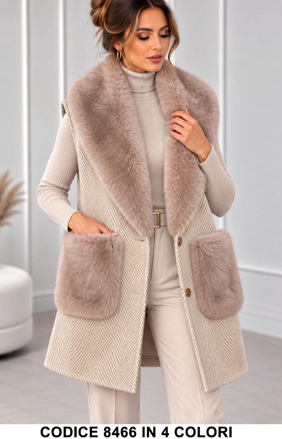 Gilet lungo spigato con collo e tasche effetto pelliccia - Alessia Velluti