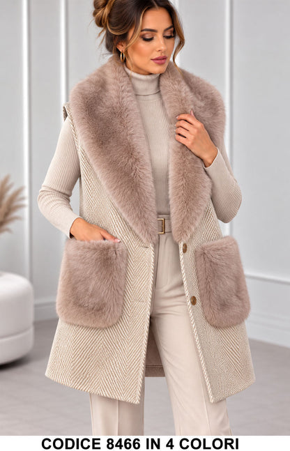 Gilet lungo spigato con collo e tasche effetto pelliccia - Alessia Velluti