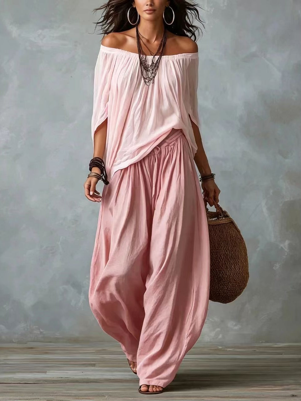 Marta | Completo de Top Blanco Off-the-shoulder y Pantaloni Lantern Holgados