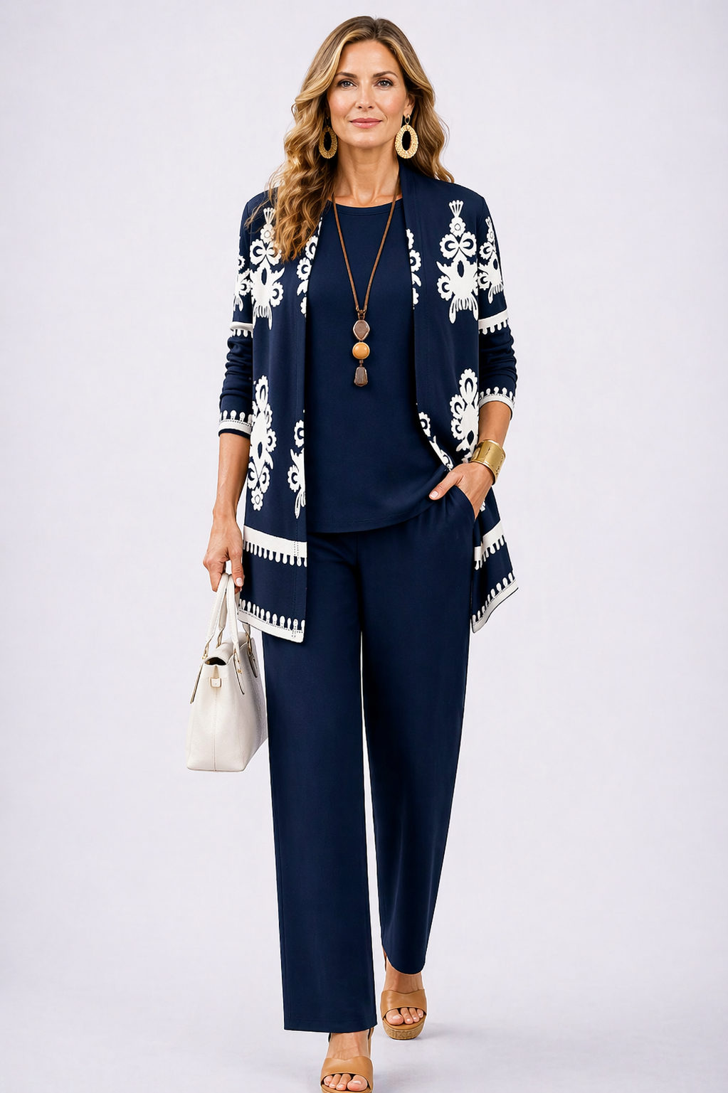 Completo tre pezzi con cardigan lungo blu notte - Alessia Velluti