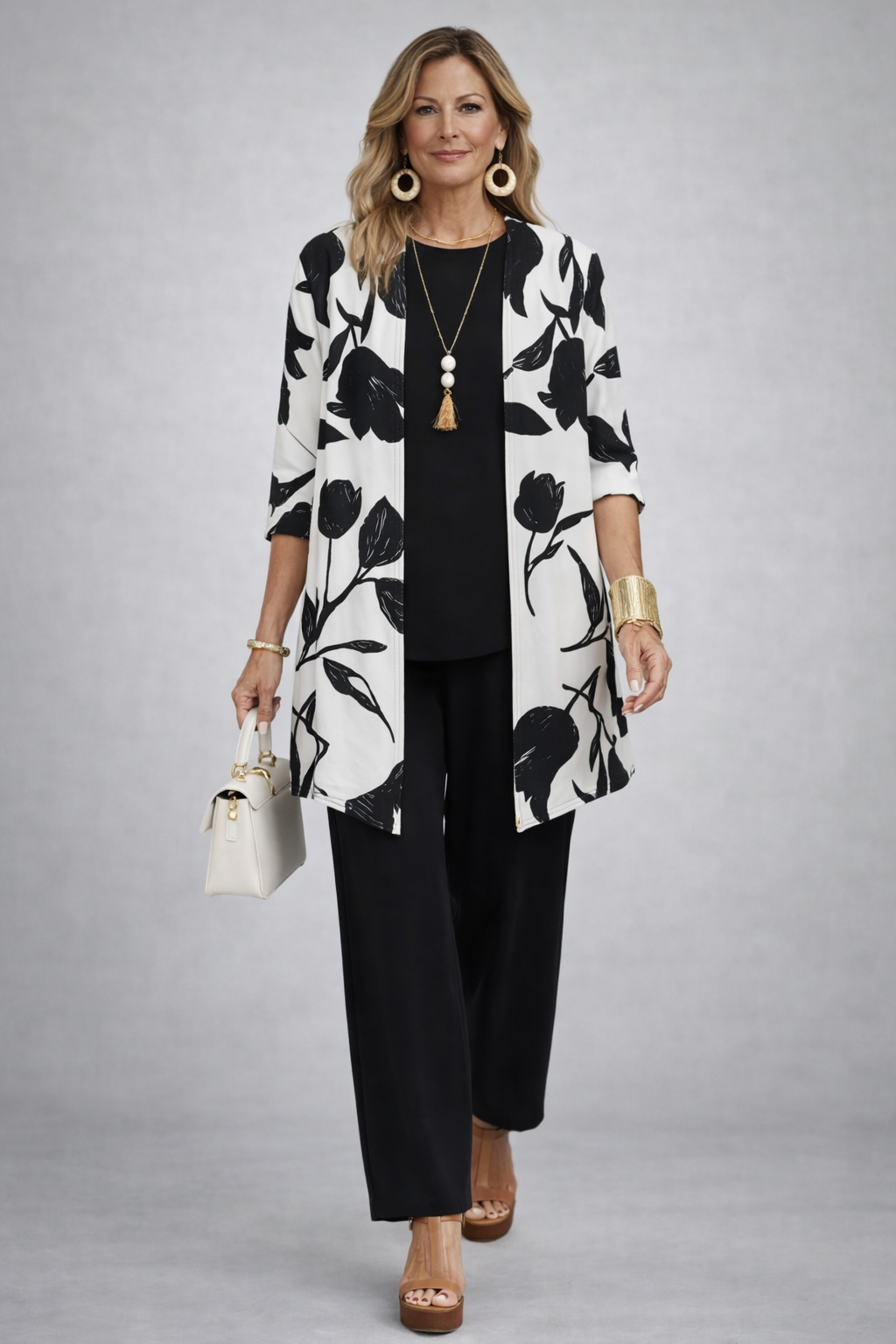Nella | Completo tre pezzi con cardigan lungo Nero e Bianco - Alessia Velluti