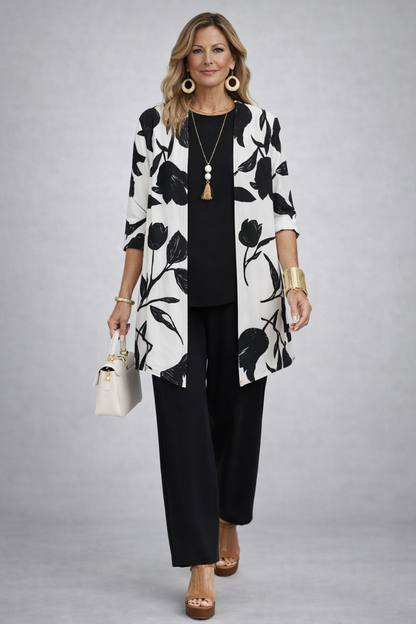 Nella | Completo tre pezzi con cardigan lungo Nero e Bianco - Alessia Velluti