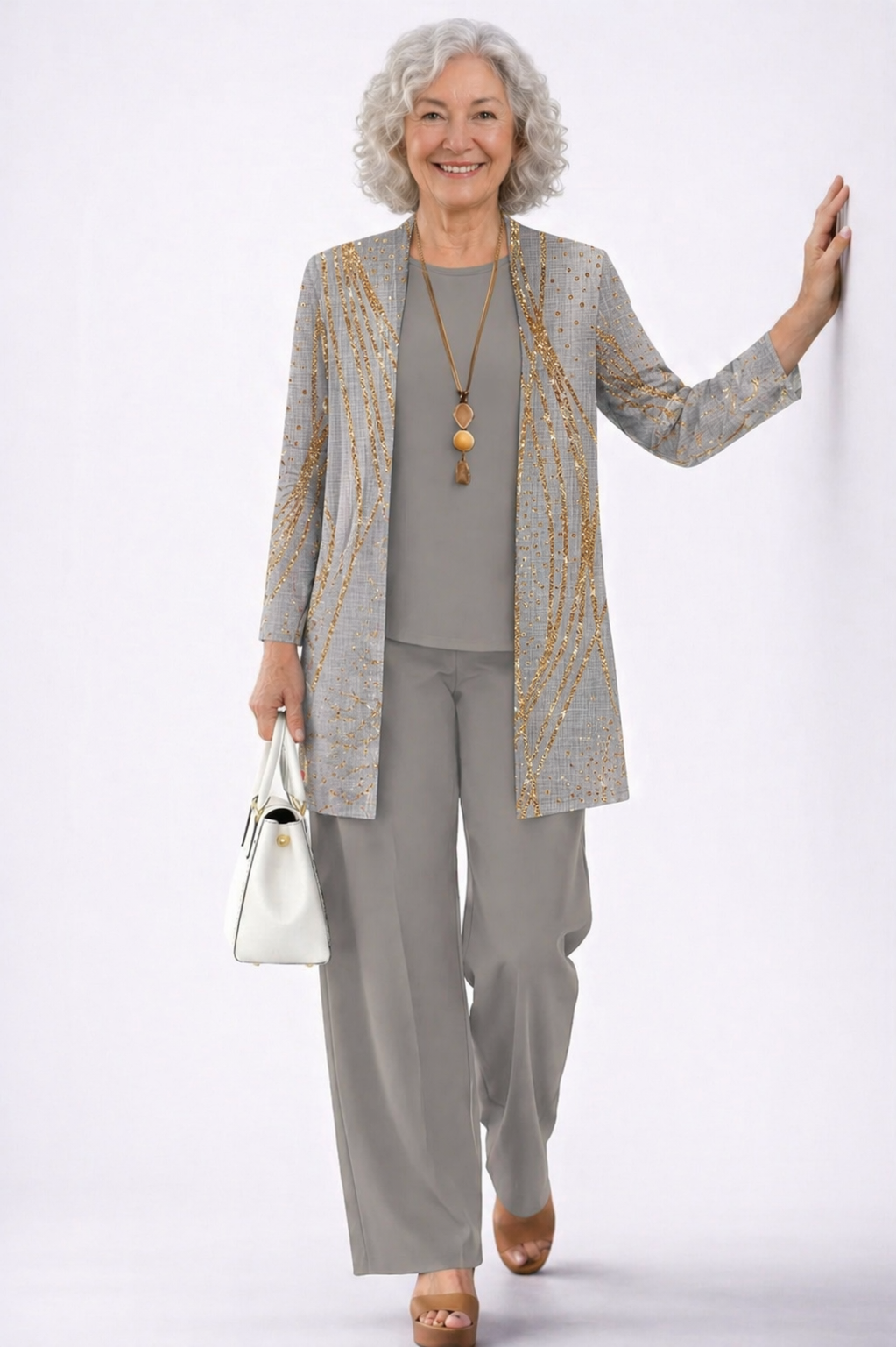 Concetta | Completo tre pezzi con cardigan lungo Grigio e Oro - Alessia Velluti