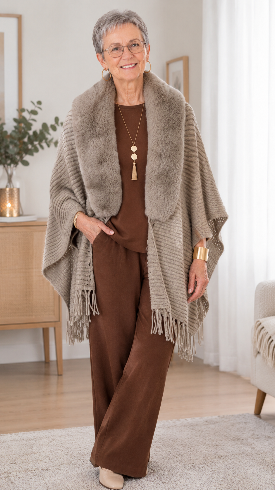 Mantella cardigan in maglia con collo in pelliccia sintetica | Alessia Velluti