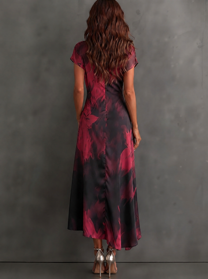 Malasia | Abito Midi Envoltura Abstracto Azul y Negro con Collo Camisero, Scollatura en V