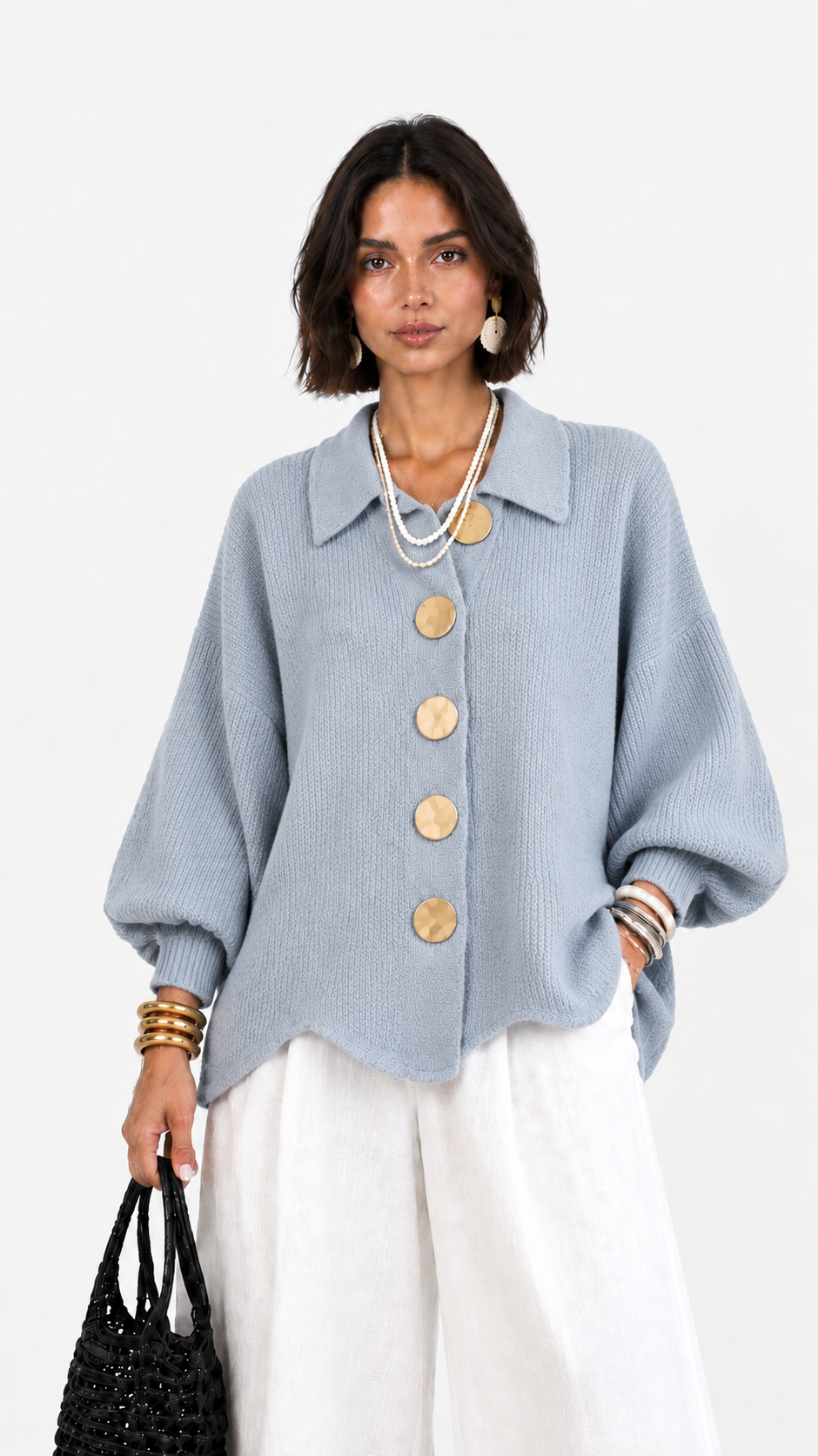 Cervinia | Cardigan in maglia con maniche a palloncino e bottoni dorati | Alessia Velluti