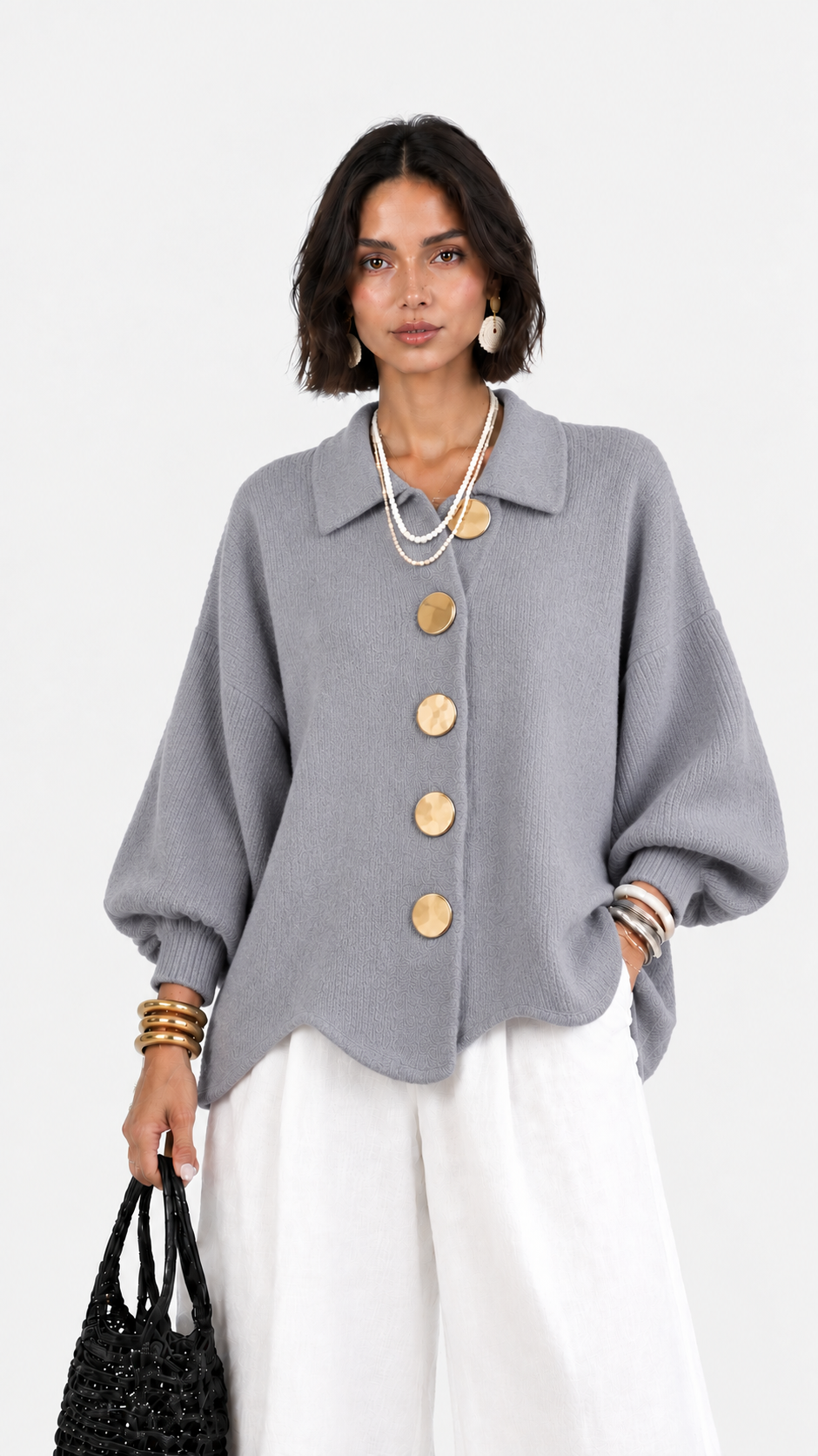 Cervinia | Cardigan in maglia con maniche a palloncino e bottoni dorati | Alessia Velluti