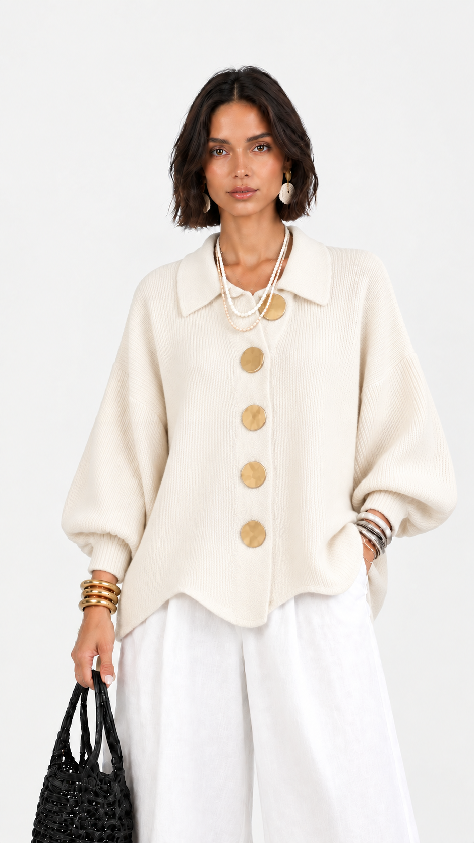 Cervinia | Cardigan in maglia con maniche a palloncino e bottoni dorati | Alessia Velluti