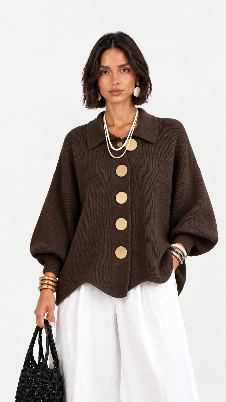Cervinia | Cardigan in maglia con maniche a palloncino e bottoni dorati | Alessia Velluti