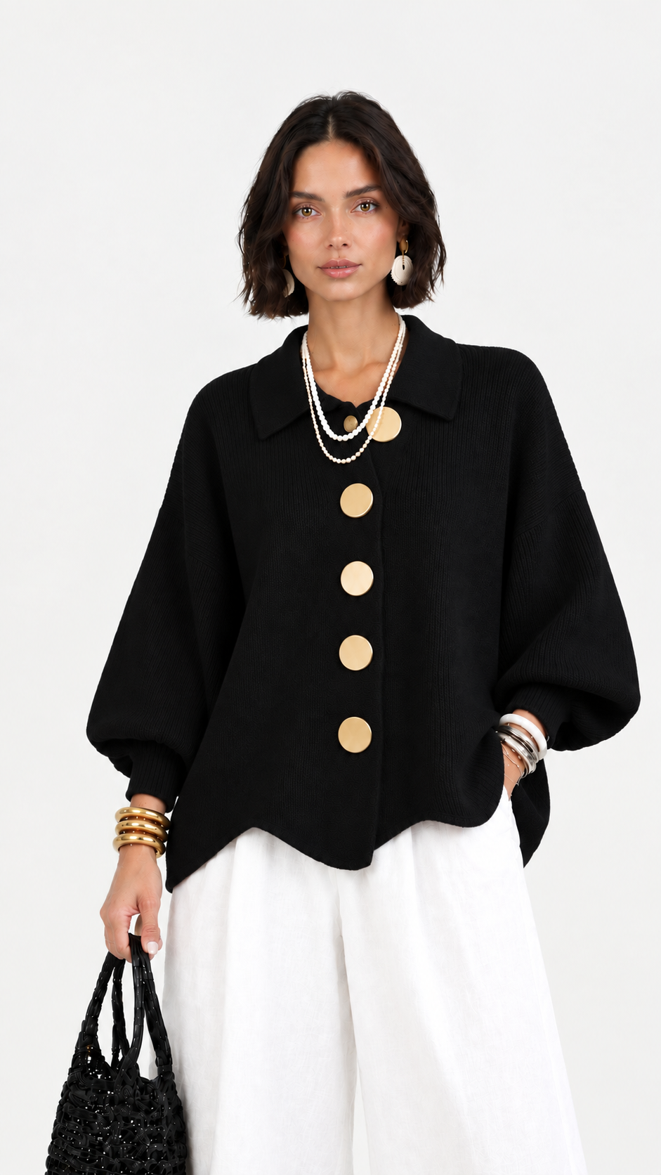 Cervinia | Cardigan in maglia con maniche a palloncino e bottoni dorati | Alessia Velluti