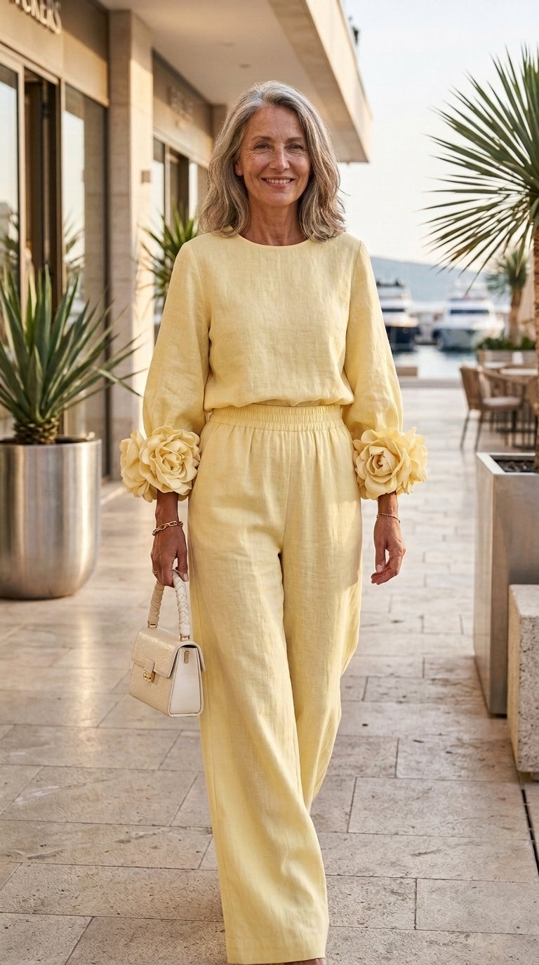 Completo con top dai polsini floreali e pantaloni ampi | Alessia Velluti