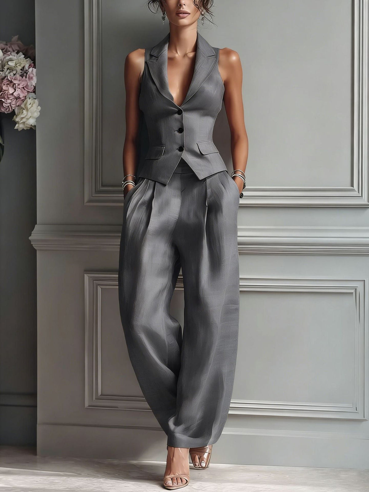 Charlotte | Ensemble deux pièces boutonné con col en V per donna