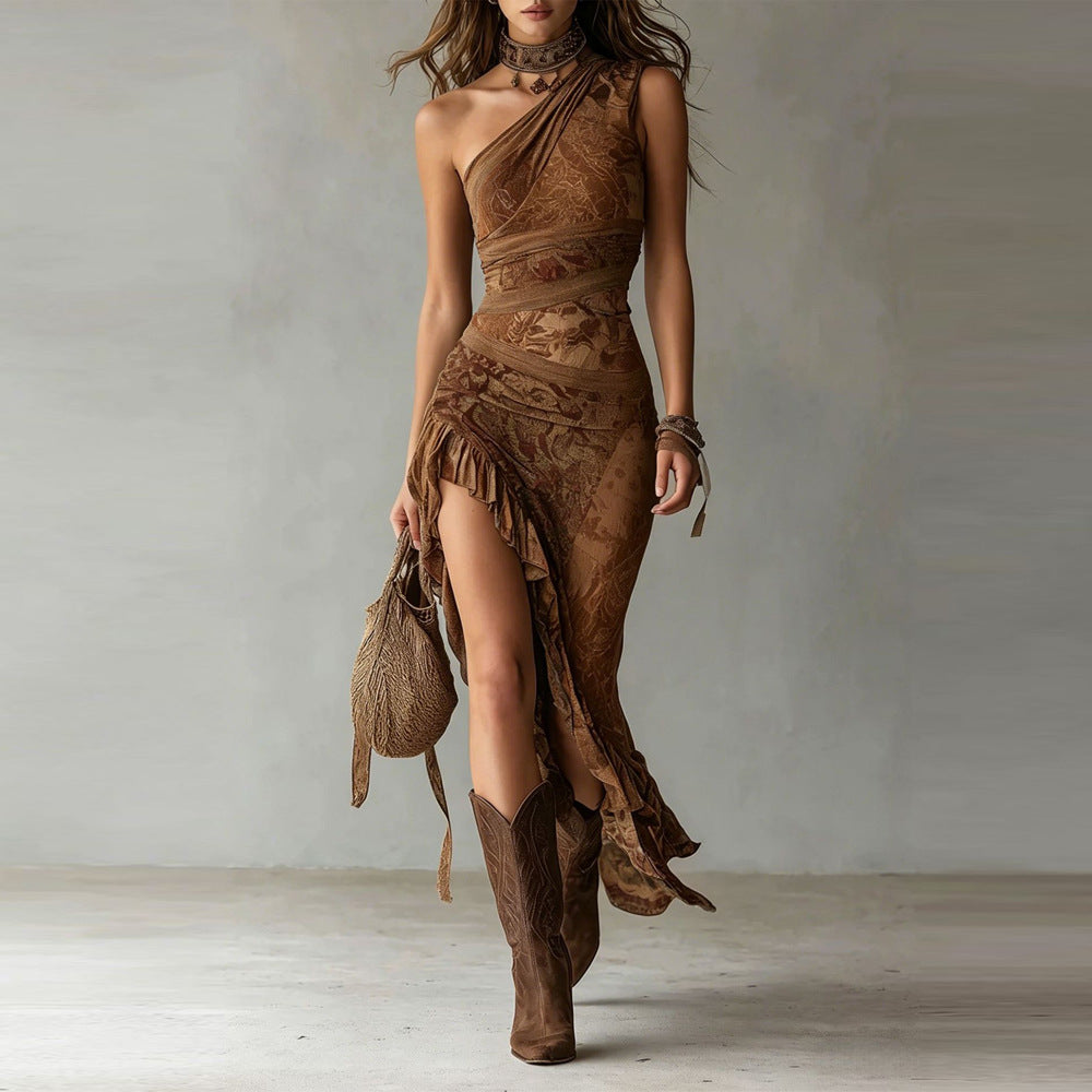 Elena | abito maxi asymétrique à imprimé audacieux et fente volantée