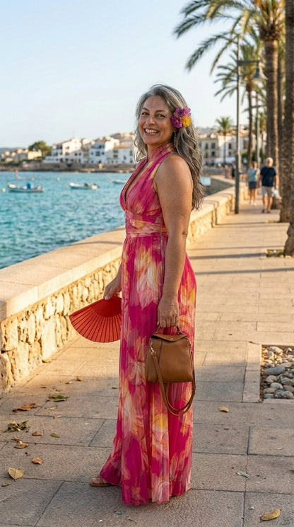 Tuta in chiffon con stampa floreale e scollo all'americana