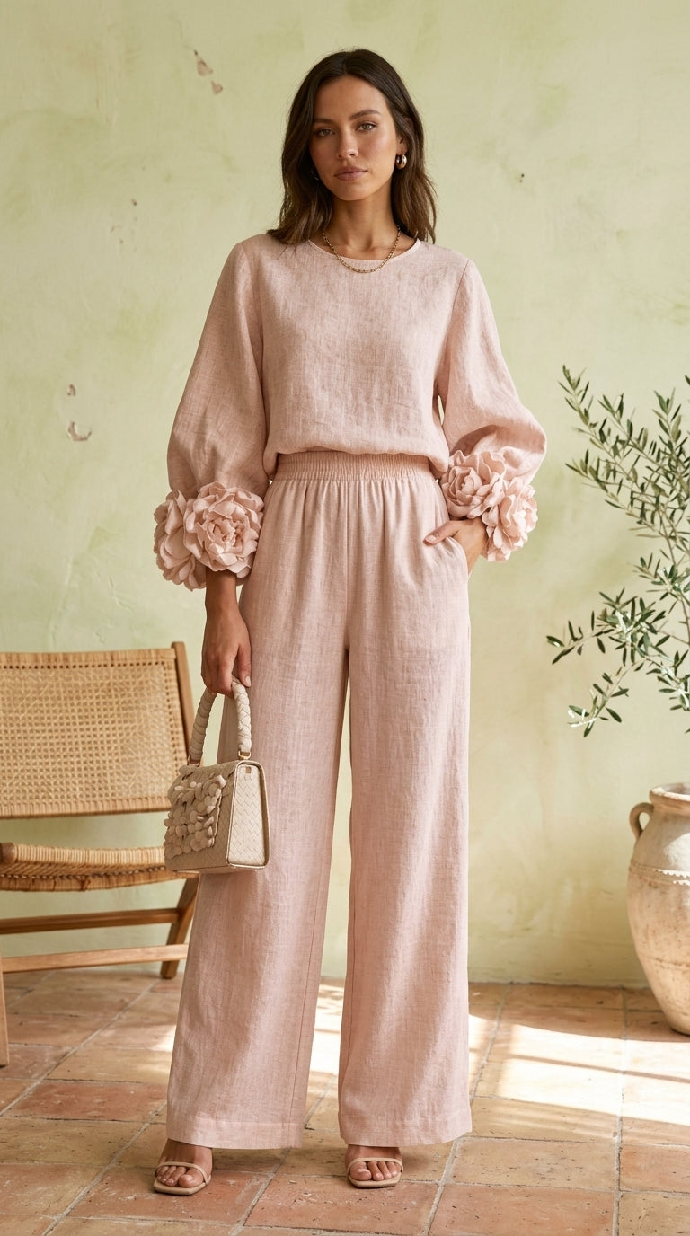 Completo con top dai polsini floreali e pantaloni ampi | Alessia Velluti