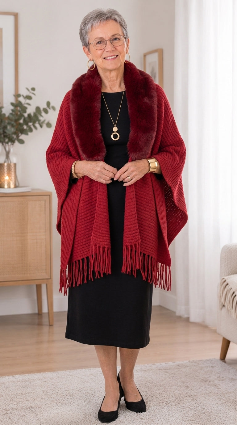Mantella cardigan in maglia con collo in pelliccia sintetica | Alessia Velluti
