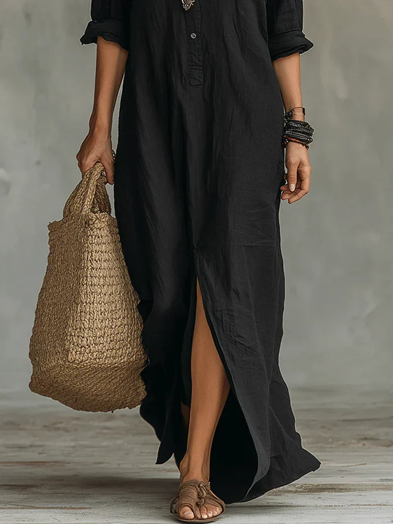 Céline™ | abito Maxi Noire Ample à Boutons