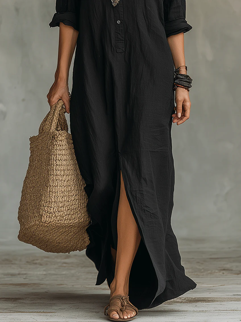 Soline™ | Abito Maxi Negro Suelto con Botones