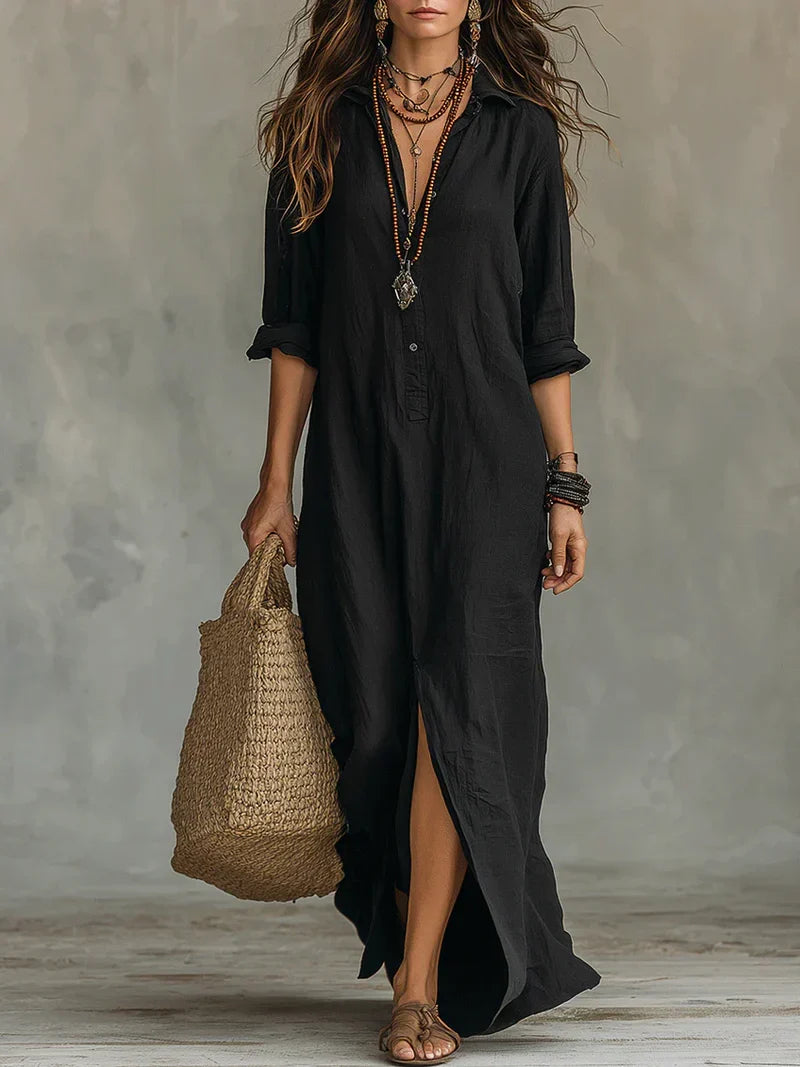 Céline™ | abito Maxi Noire Ample à Boutons