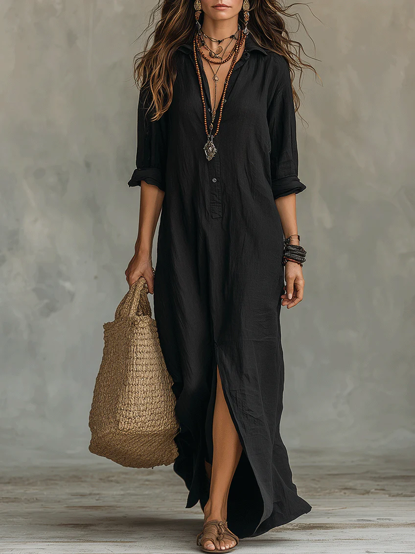 Soline™ | Abito Maxi Negro Suelto con Botones