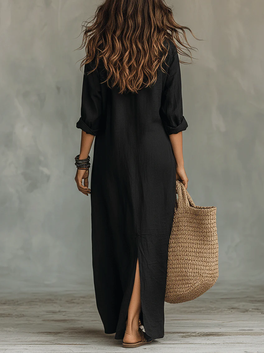 Soline™ | Abito Maxi Negro Suelto con Botones