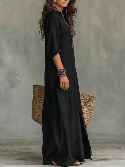 Soline™ | Abito Maxi Negro Suelto con Botones