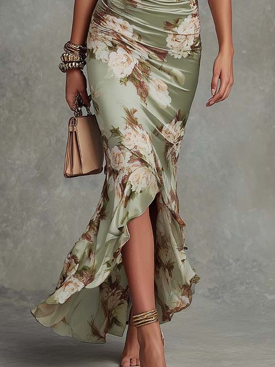 EMILIA | Abito MAXI ASIMÉTRICO DE SATÉN verde FLORAL, MANGAS CAMPANA, Collo EN V