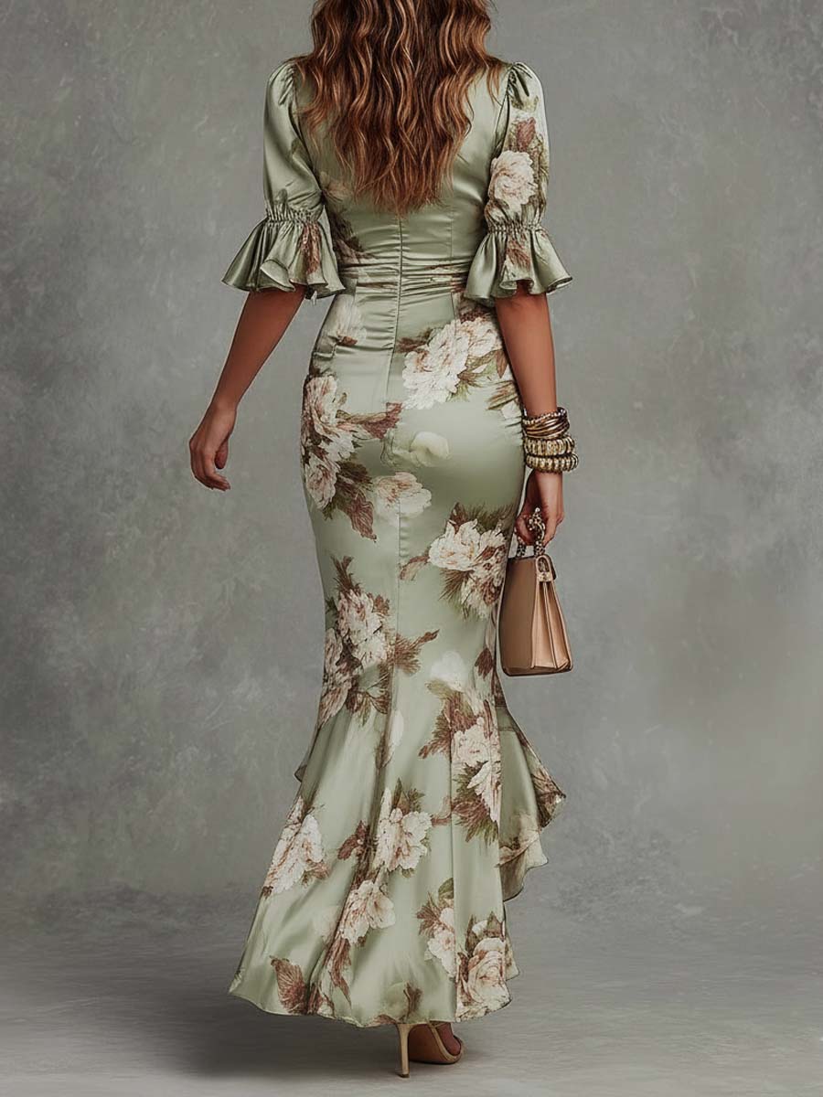 EMILIA | Abito MAXI ASIMÉTRICO DE SATÉN verde FLORAL, MANGAS CAMPANA, Collo EN V
