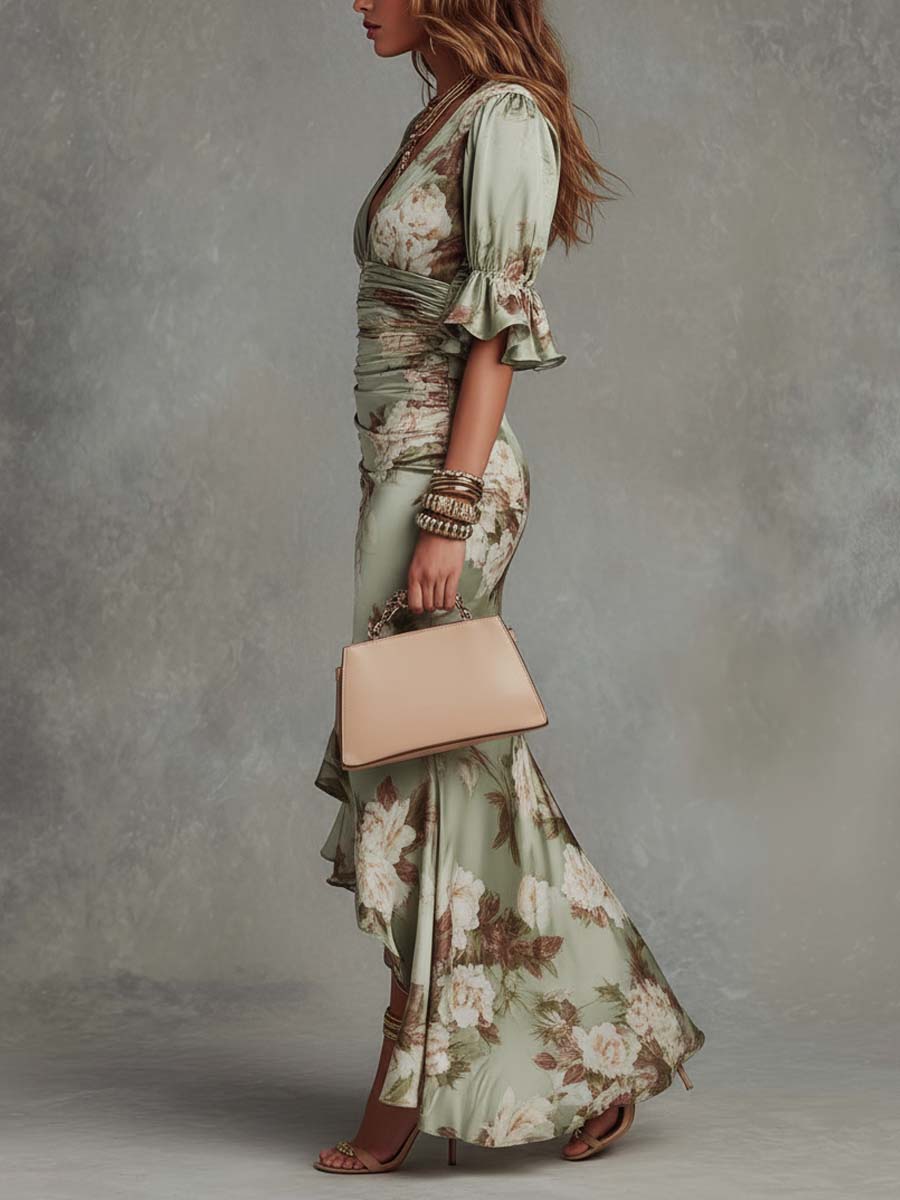 EMILIA | Abito MAXI ASIMÉTRICO DE SATÉN verde FLORAL, MANGAS CAMPANA, Collo EN V