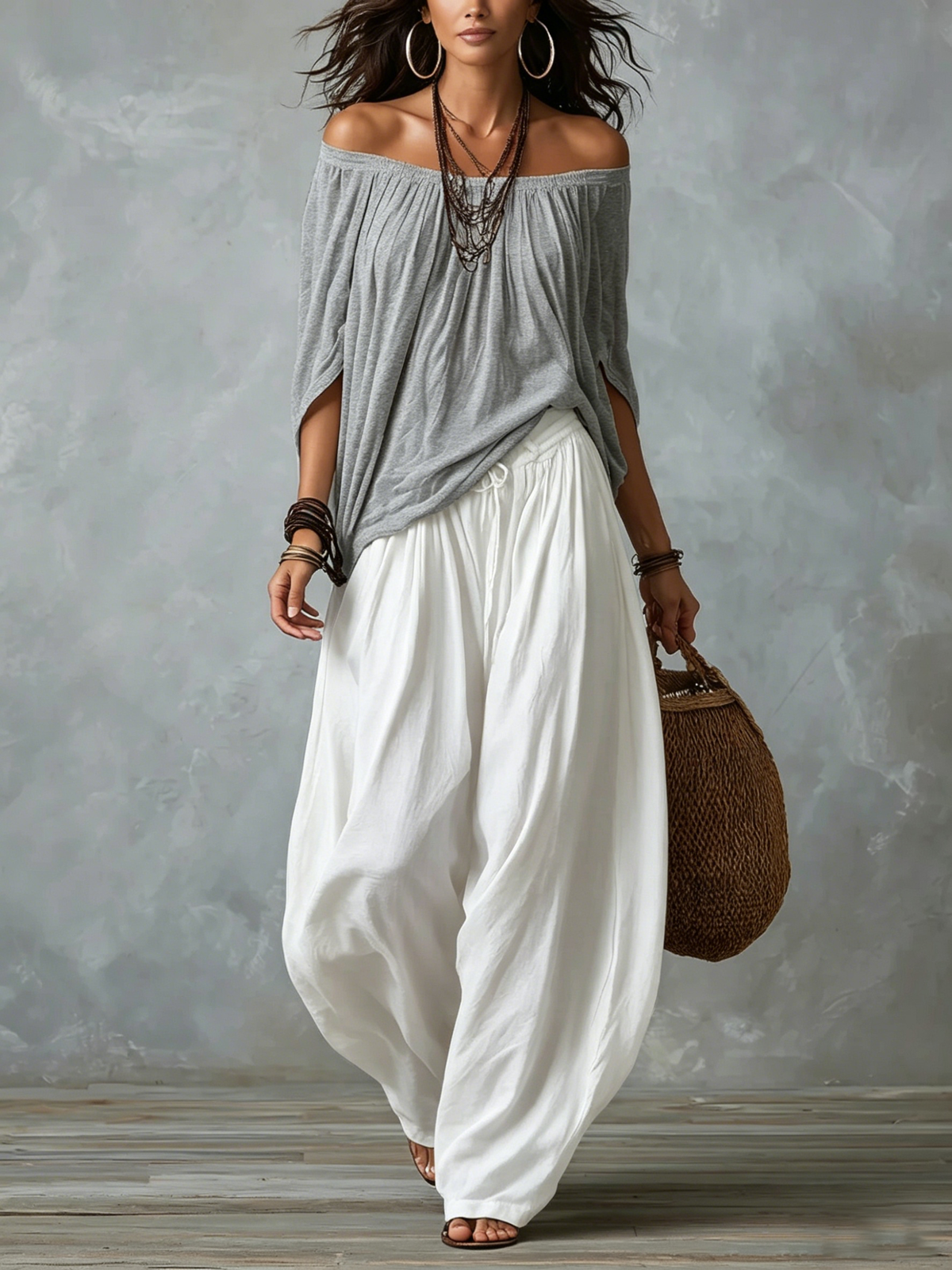 Marta | Completo de Top Blanco Off-the-shoulder y Pantaloni Lantern Holgados