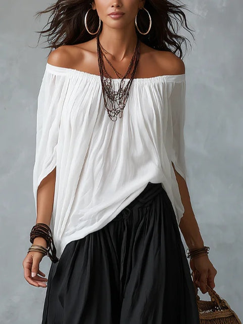 Marta | Completo de Top Blanco Off-the-shoulder y Pantaloni Lantern Holgados