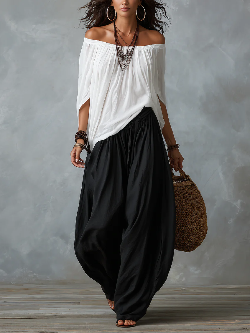 Marta | Completo de Top Blanco Off-the-shoulder y Pantaloni Lantern Holgados